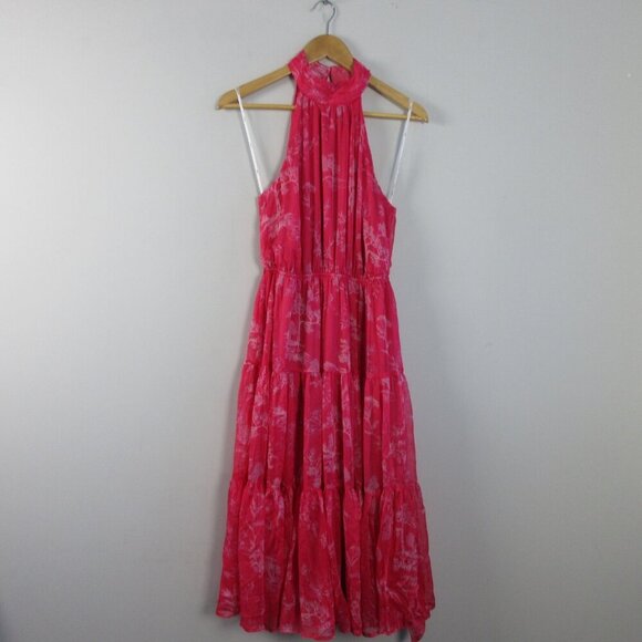 Lulus Halter Tiered Midi Dress S Hot Pink Floral Float to You Boho Cocktail 364 - Picture 1 of 14